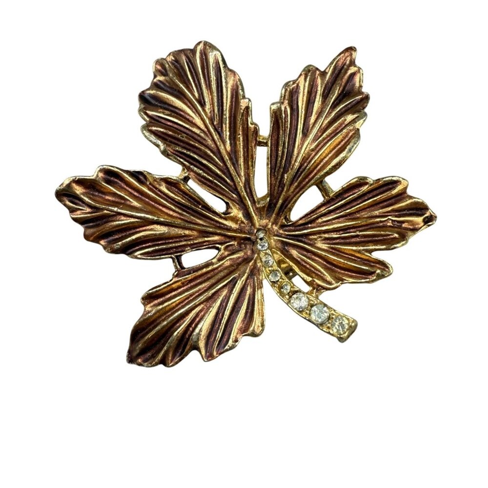 Leaf Brooch Vintage Gold-Tone Rhinestone Accents Autumn-Inspired Pin Fall Colors